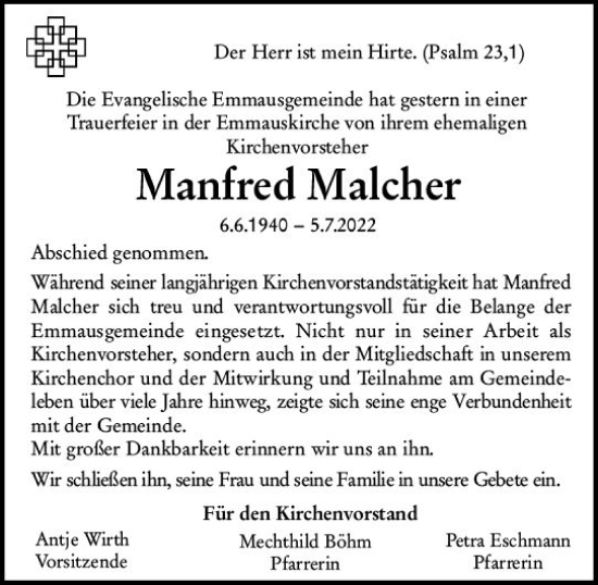 Traueranzeige von Manfred Malcher von vrm-trauer AZ Mainz
