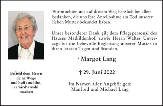 Traueranzeige von Margot Lang von vrm-trauer Wormser Zeitung