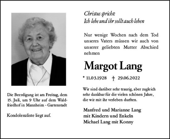 Traueranzeige von Margot Lang von vrm-trauer Wormser Zeitung