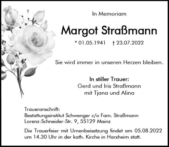 Traueranzeige von Margot Straßmann von vrm-trauer AZ Mainz