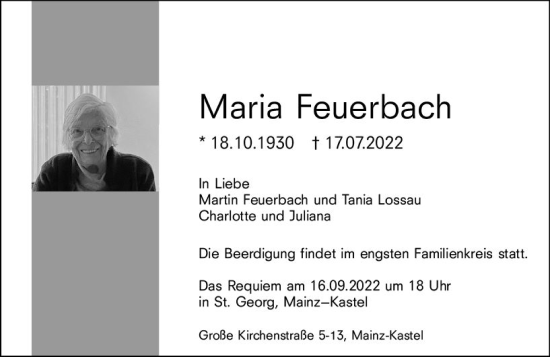 Traueranzeige von Maria Feuerbach von vrm-trauer AZ Mainz
