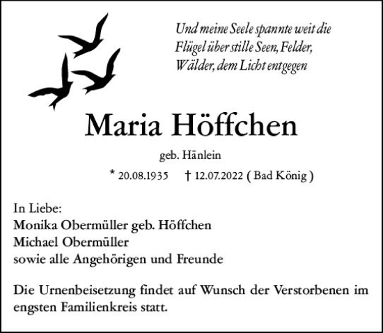 Traueranzeige von Maria Höffchen von vrm-trauer Wiesbadener Kurier
