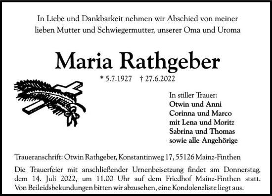 Traueranzeige von Maria Rathgeber von vrm-trauer AZ Mainz