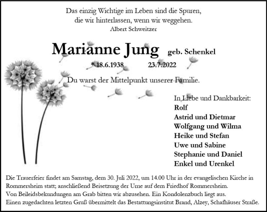 Traueranzeige von Marianne Jung von vrm-trauer Allgemeine Zeitung Alzey