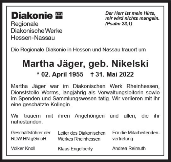 Traueranzeige von Martha Jäger von vrm-trauer Wormser Zeitung