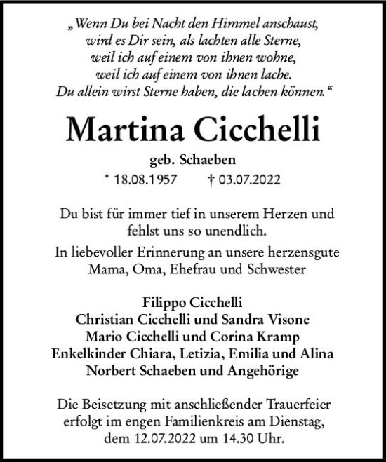 Traueranzeige von Martina Cicchelli von vrm-trauer DieburgerAnzeiger/Groß-Zimmerner Lokala