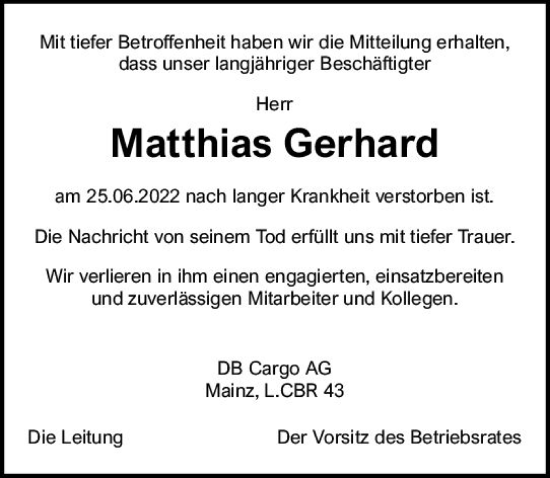 Traueranzeige von Matthias Gerhard von vrm-trauer AZ Mainz