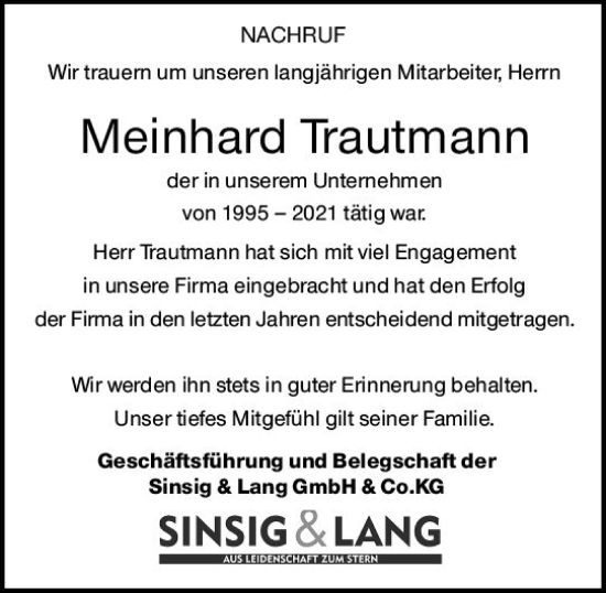 Traueranzeige von Meinhard Trautmann von vrm-trauer Allg. Zeitung Bad Kreuznach