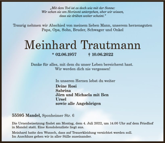 Traueranzeige von Meinhard Trautmann von vrm-trauer Allgemeine  Zeitung Ingelheim-Bingen