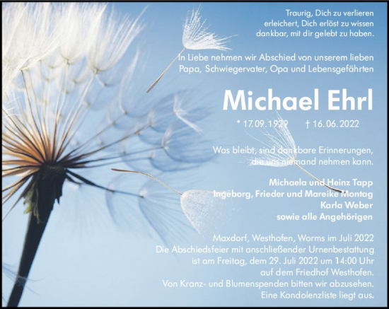Traueranzeige von Michael Ehri von vrm-trauer Wormser Zeitung