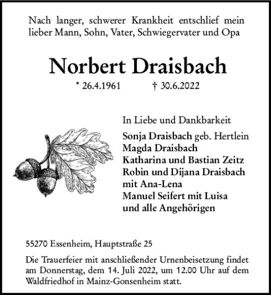 Traueranzeige von Norbert Draisbach von vrm-trauer AZ Mainz