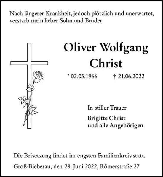 Traueranzeige von Oliver Wolfgang Christ von vrm-trauer Darmstädter Echo