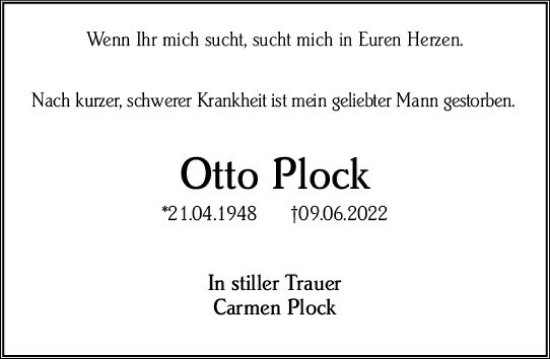 Traueranzeige von Otto Plock von vrm-trauer AZ Mainz