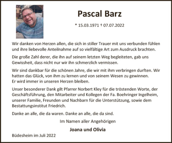Traueranzeige von Pascal Barz von vrm-trauer Allgemeine  Zeitung Ingelheim-Bingen