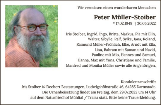 Traueranzeige von Peter Müller-Stoiber von vrm-trauer Darmstädter Echo