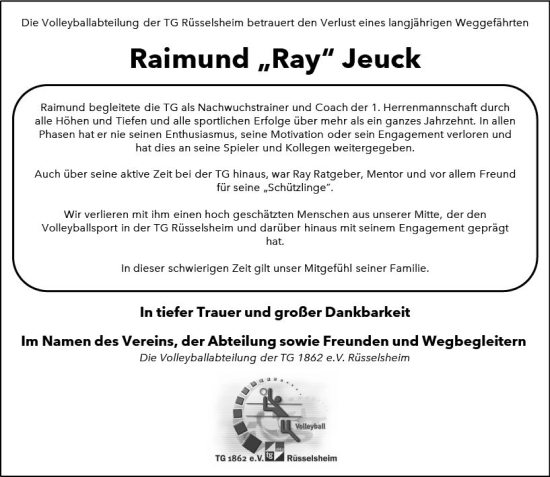 Traueranzeige von Raimund Jeuck von vrm-trauer Rüsselsheimer Echo / MainSpitze