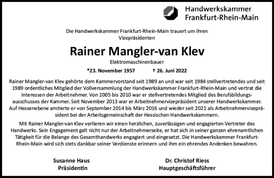 Traueranzeige von Rainer Mangler-van Klev von vrm-trauer Rüsselsheimer Echo / MainSpitze
