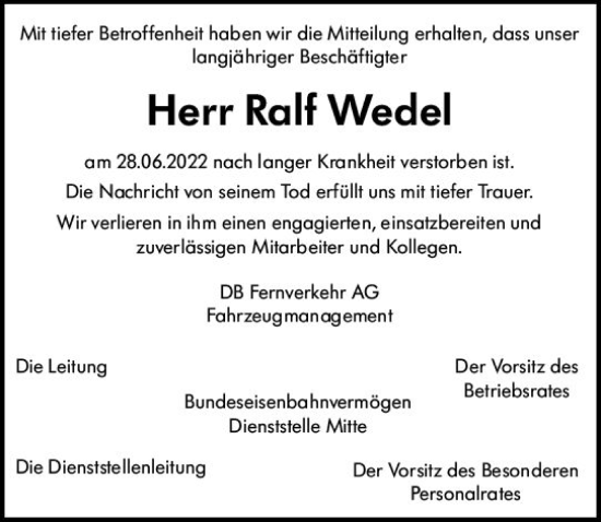 Traueranzeige von Ralf Wedel von vrm-trauer Darmstädter Echo
