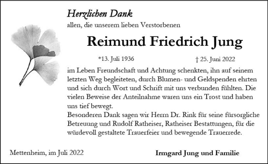 Traueranzeige von Reimund Friedrich Jung von vrm-trauer Wormser Zeitung
