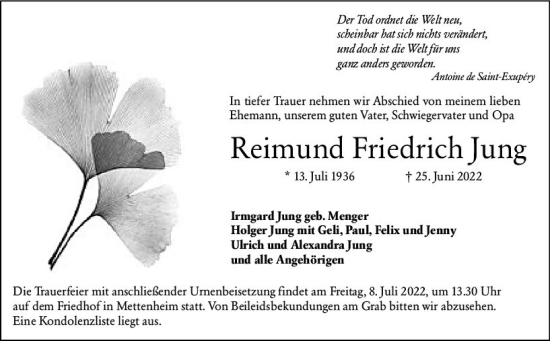 Traueranzeige von Reimund Friedrich Jung von vrm-trauer Wormser Zeitung