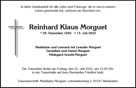 Traueranzeige von Reinhard Klaus Morguet von vrm-trauer Wiesbadener Kurier