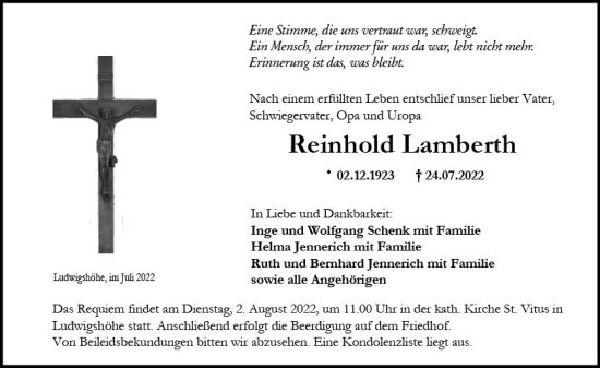 Traueranzeige von Reinhold Lamberth von vrm-trauer AZ Mainz