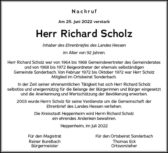 Traueranzeige von Richard Scholz von vrm-trauer Bürstädter/Lamperth. Ztg/Starkenburger