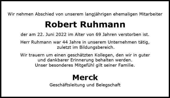 Traueranzeige von Robert Ruhmann von vrm-trauer Darmstädter Echo