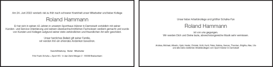 Traueranzeige von Roland Hammann von vrm-trauer Darmstädter Echo