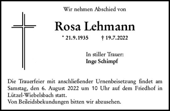 Traueranzeige von Rosa Lehmann von vrm-trauer Odenwälder Echo