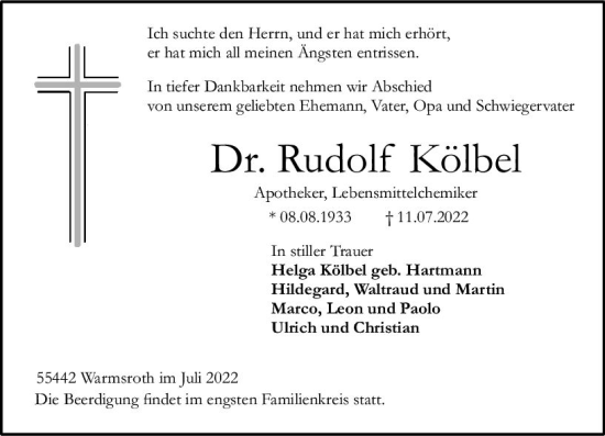 Traueranzeige von Rudolf Kölbel von vrm-trauer Allgemeine  Zeitung Ingelheim-Bingen