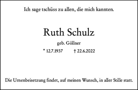 Traueranzeige von Ruth Schulz von vrm-trauer Wiesbadener Kurier