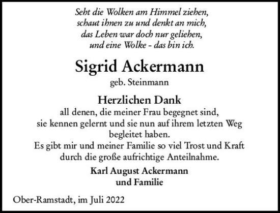 Traueranzeige von Sigrid Ackermann von vrm-trauer Darmstädter Echo