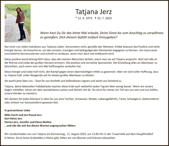 Traueranzeige von Tatjana Jerz von vrm-trauer AZ Mainz