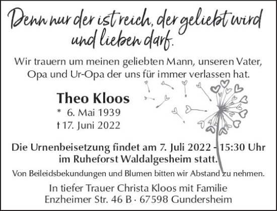 Traueranzeige von Theo Kloos von vrm-trauer Allgemeine  Zeitung Ingelheim-Bingen