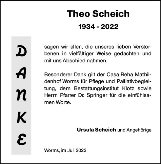 Traueranzeige von Theo Scheich von vrm-trauer Wormser Zeitung