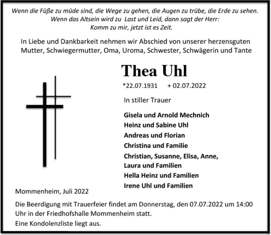 Traueranzeige von Thea Uhl von vrm-trauer AZ Mainz