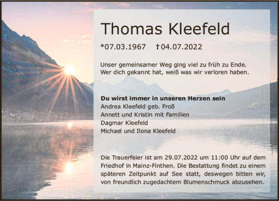 Traueranzeige von Thomas Kleefeld von vrm-trauer AZ Mainz