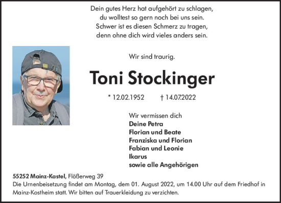 Traueranzeige von Toni Stockfinger von vrm-trauer AZ Mainz