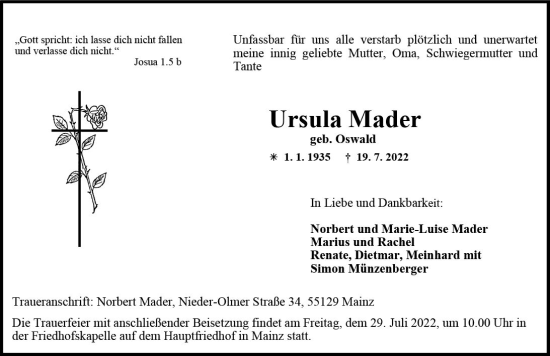 Traueranzeige von Ursula Mader von vrm-trauer AZ Mainz