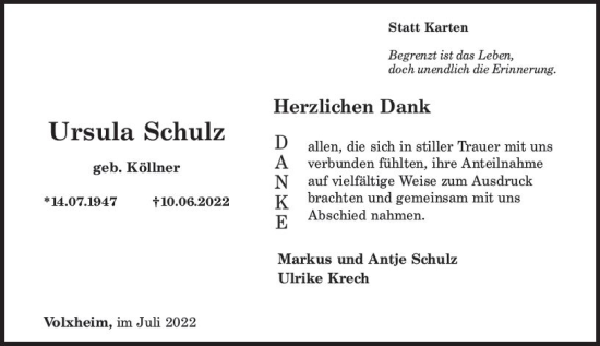 Traueranzeige von Ursula Schulz von vrm-trauer Allg. Zeitung Bad Kreuznach
