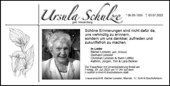 Traueranzeige von Ursula Schulze von vrm-trauer Rüsselsheimer Echo / MainSpitze