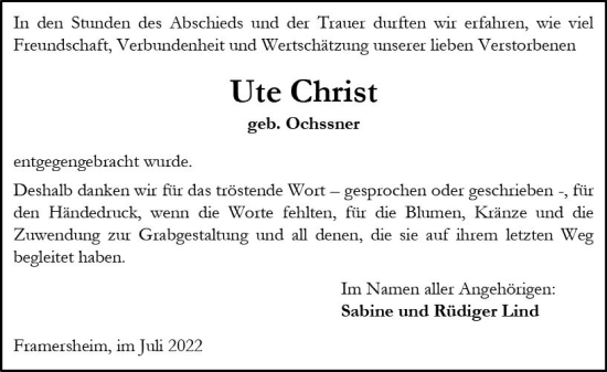 Traueranzeige von Ute Christ von vrm-trauer Allgemeine Zeitung Alzey