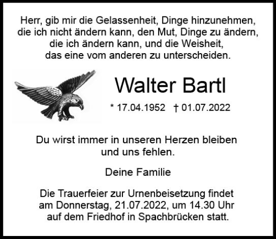 Traueranzeige von Walter Bartl von vrm-trauer Darmstädter Echo