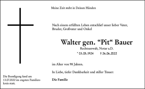 Traueranzeige von Walter Bauer von vrm-trauer Darmstädter Echo