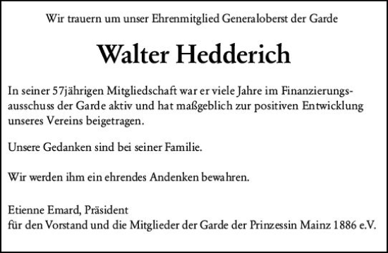 Traueranzeige von Walter Hedderich von vrm-trauer AZ Mainz