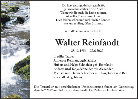 Traueranzeige von Walter Reinfandt von vrm-trauer Wormser Zeitung
