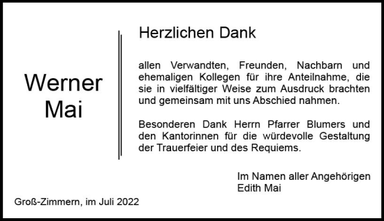 Traueranzeige von Werner Mai von vrm-trauer DieburgerAnzeiger/Groß-Zimmerner Lokala