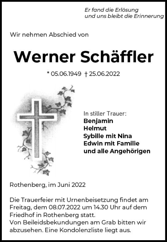 Traueranzeige von Werner Schäffler von vrm-trauer Odenwälder Echo