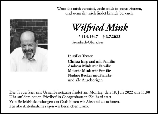 Traueranzeige von Wilfried Mink von vrm-trauer Darmstädter Echo